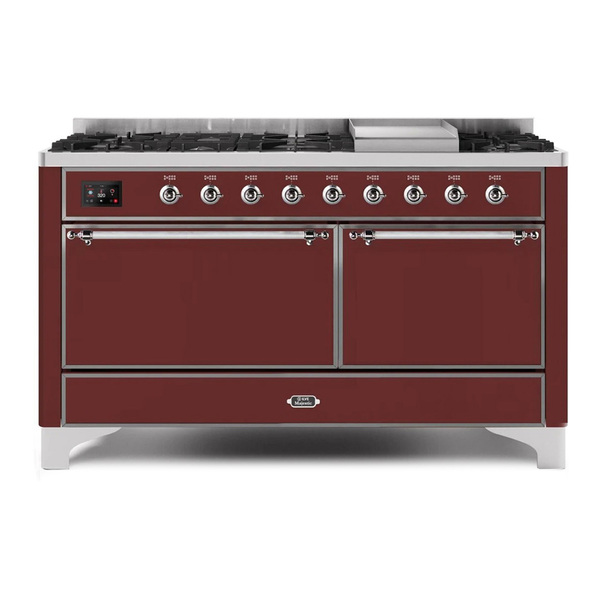 ILVE UM15FDQNS3BUCLP Majestic II 60 inch Dual Fuel Range with 9 Burners, Griddle (Liquid Propane, Solid Door, Burgundy, Chrome)