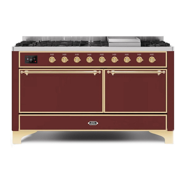 ILVE UM15FDQNS3BUGLP Majestic II 60 inch Dual Fuel Range with 9 Burners, Griddle (Liquid Propane, Solid Door, Burgundy, Brass)