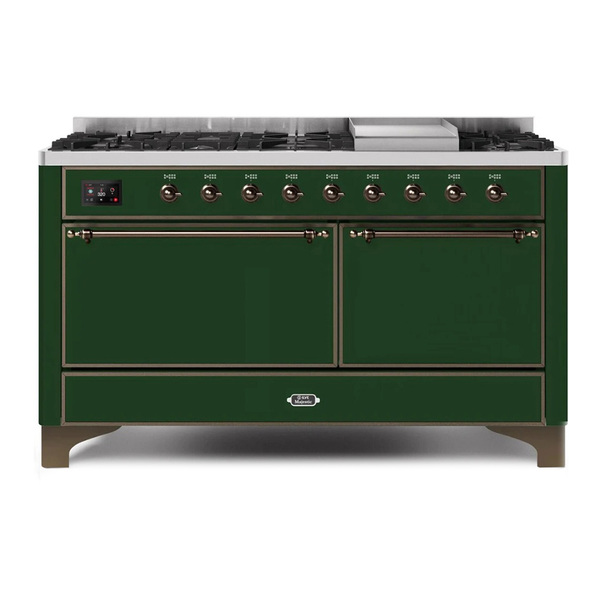 ILVE UM15FDQNS3EGBLP Majestic II 60 inch Dual Fuel Range with 9 Burners, Griddle (Liquid Propane, Solid Door, Emerald Green, Burnished)