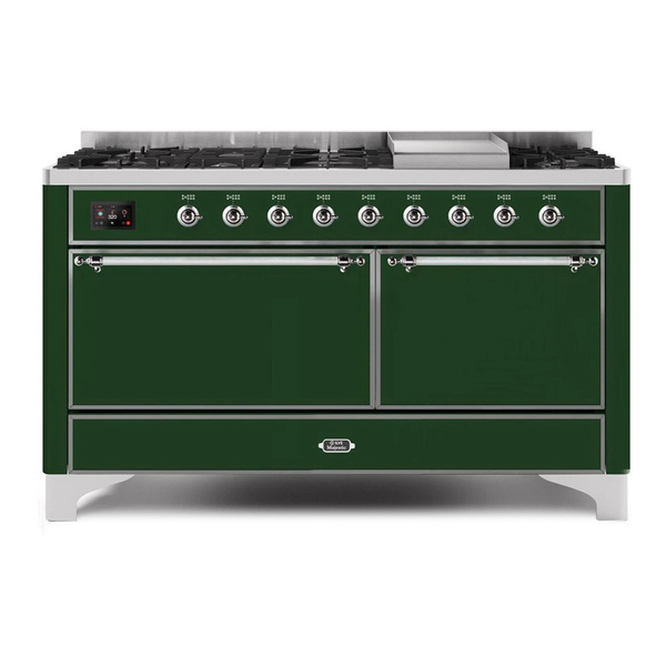 ILVE UM15FDQNS3EGCLP Majestic II 60 inch Dual Fuel Range with 9 Burners, Griddle (Liquid Propane, Solid Door, Emerald Green, Chrome)