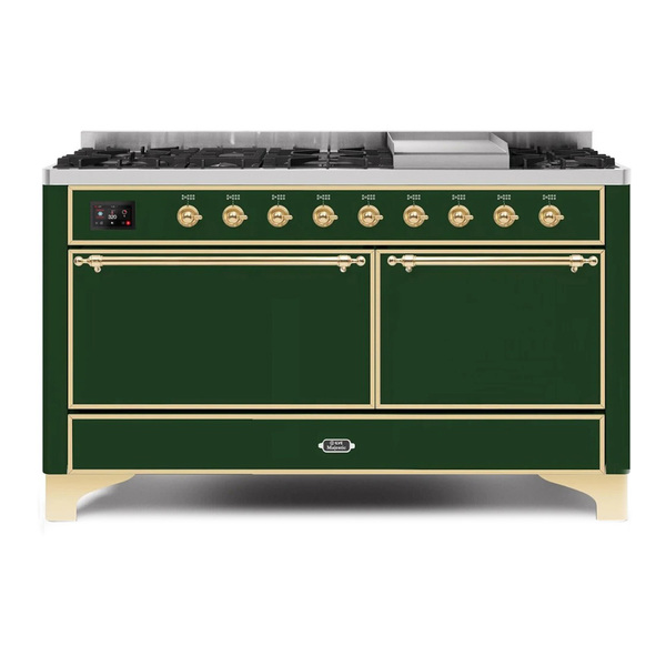 ILVE UM15FDQNS3EGGLP Majestic II 60 inch Dual Fuel Range with 9 Burners, Griddle (Liquid Propane, Solid Door, Emerald Green, Brass)