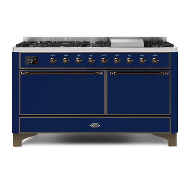 ILVE UM15FDQNS3MBB Majestic II 60 inch Dual Fuel Range with 9 Burners, Griddle (Natural Gas, Solid Door, Midnight Blue, Burnished)
