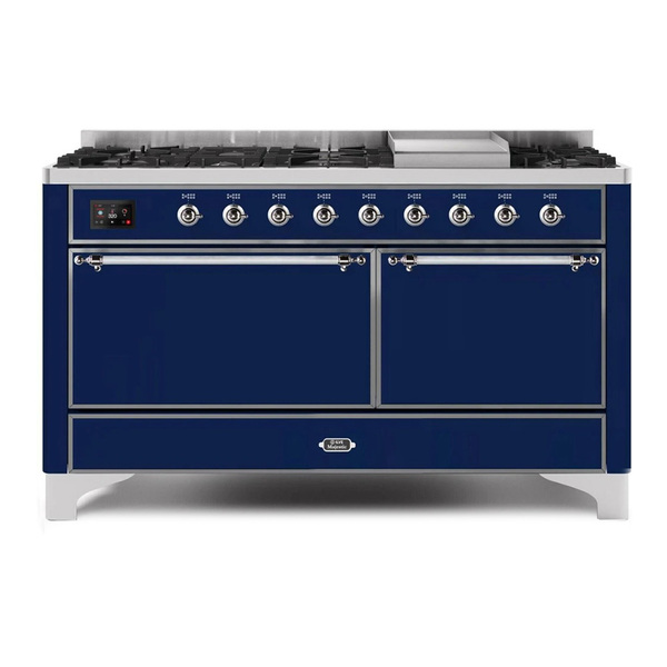 ILVE UM15FDQNS3MBCLP Majestic II 60 inch Dual Fuel Range with 9 Burners, Griddle (Liquid Propane, Solid Door, Midnight Blue, Chrome)