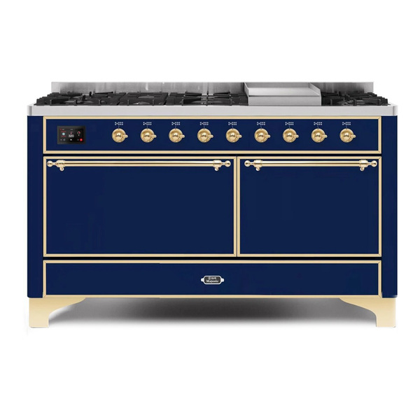 ILVE UM15FDQNS3MBGLP Majestic II 60 inch Dual Fuel Range with 9 Burners, Griddle (Liquid Propane, Solid Door, Midnight Blue, Brass)