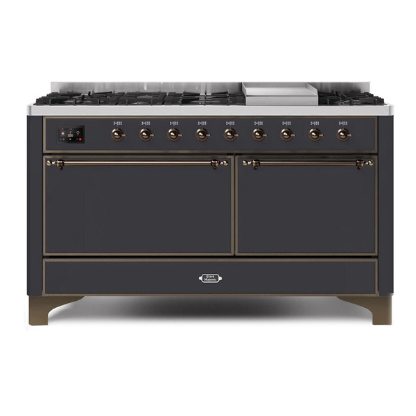 ILVE UM15FDQNS3MGBLP Majestic II 60 inch Dual Fuel Range with 9 Burners, Griddle (Liquid Propane, Solid Door, Graphite Matte, Burnished)