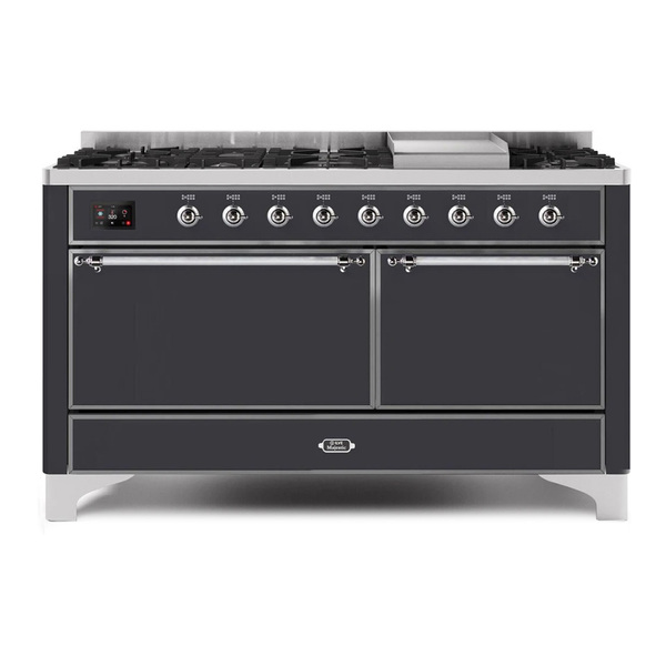 ILVE UM15FDQNS3MGCLP Majestic II 60 inch Dual Fuel Range with 9 Burners, Griddle (Liquid Propane, Solid Door, Graphite Matte, Chrome)