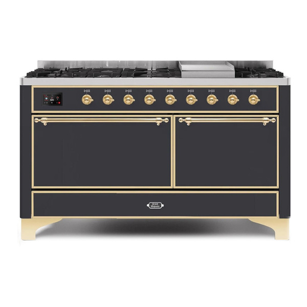 ILVE UM15FDQNS3MGG Majestic II 60 inch Dual Fuel Range with 9 Burners, Griddle (Natural Gas, Solid Door, Graphite Matte, Brass)