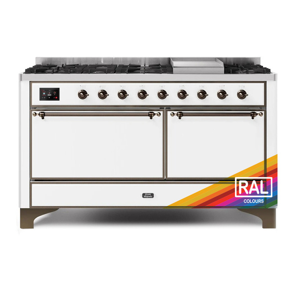 ILVE UM15FDQNS3RAB Majestic II 60 inch Dual Fuel Range with 9 Burners, Griddle (Natural Gas, Solid Door, RAL, Burnished)