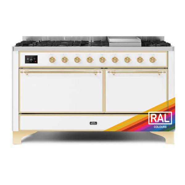 ILVE UM15FDQNS3RAG Majestic II 60 inch Dual Fuel Range with 9 Burners, Griddle (Natural Gas, Solid Door, RAL, Brass)