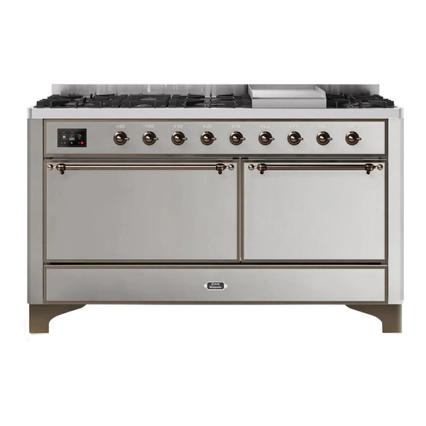 ILVE UM15FDQNS3SSB Majestic II 60 inch Dual Fuel Range with 9 Burners, Griddle (Natural Gas, Solid Door, Stainless Steel, Burnished)