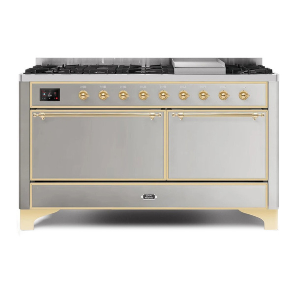 ILVE UM15FDQNS3SSGLP Majestic II 60 inch Dual Fuel Range with 9 Burners, Griddle (Liquid Propane, Solid Door, Stainless Steel, Brass)
