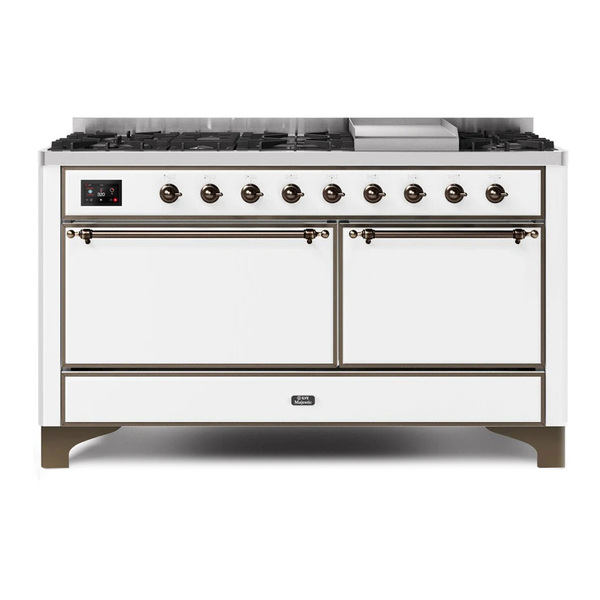 ILVE UM15FDQNS3WHB Majestic II 60 inch Dual Fuel Range with 9 Burners, Griddle (Natural Gas, Solid Door, White, Burnished)