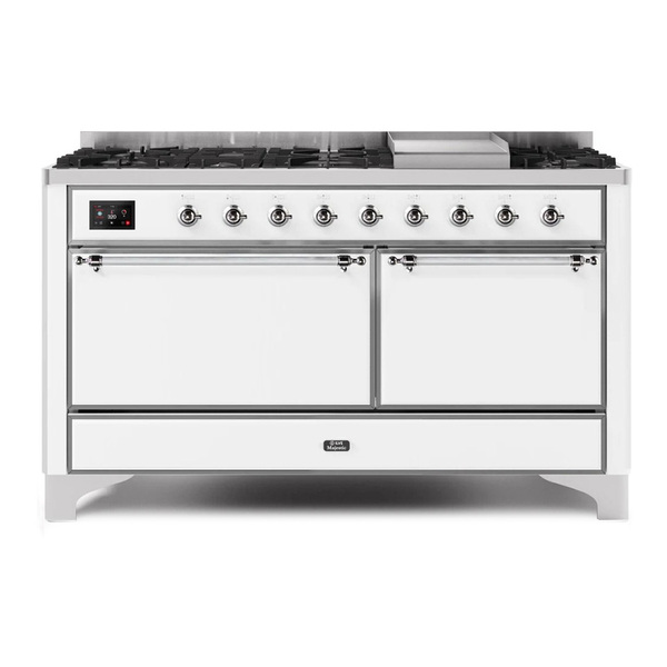 ILVE UM15FDQNS3WHCLP Majestic II 60 inch Dual Fuel Range with 9 Burners, Griddle (Liquid Propane, Solid Door, White, Chrome)