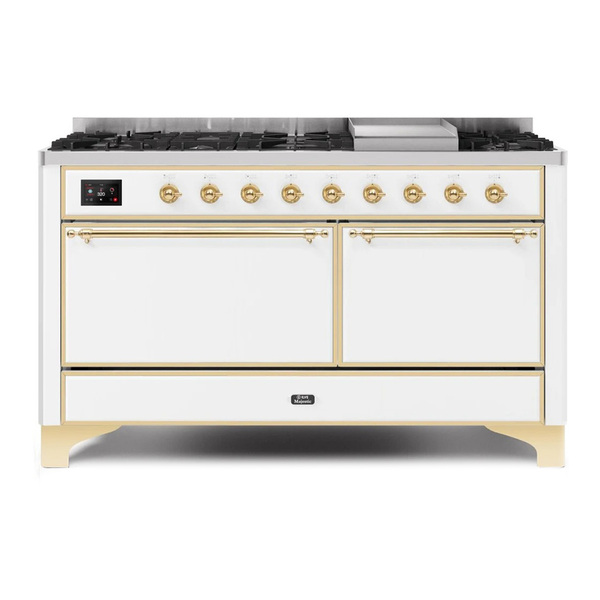 ILVE UM15FDQNS3WHGLP Majestic II 60 inch Dual Fuel Range with 9 Burners, Griddle (Liquid Propane, Solid Door, White, Brass)