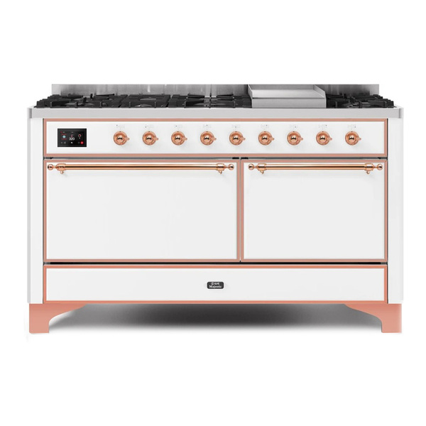 ILVE UM15FDQNS3WHPLP Majestic II 60 inch Dual Fuel Range with 9 Burners, Griddle (Liquid Propane, Solid Door, White, Copper)