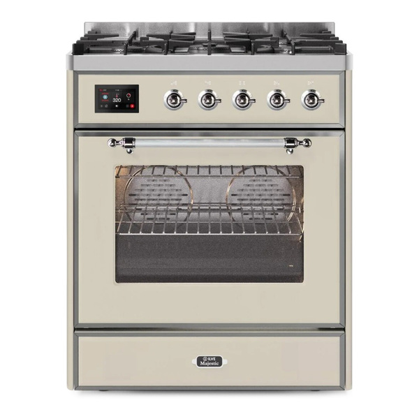 ILVE UM30DNE3AWCLP Majestic II 30 inch Dual Fuel Range with 5 Burners (Liquid Propane, Triple Glass Door, Antique White, Chrome)