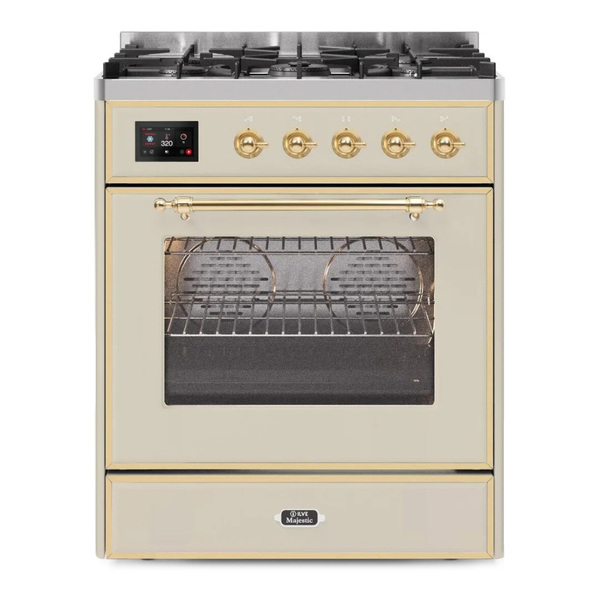 ILVE UM30DNE3AWGLP Majestic II 30 inch Dual Fuel Range with 5 Burners (Liquid Propane, Triple Glass Door, Antique White, Brass)