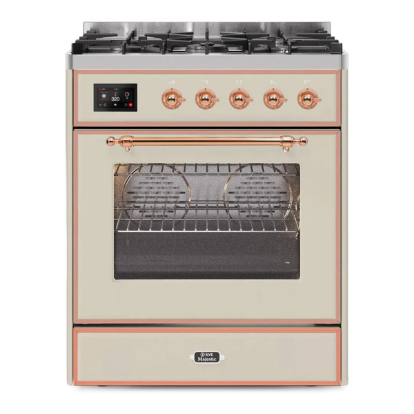 ILVE UM30DNE3AWPLP Majestic II 30 inch Dual Fuel Range with 5 Burners (Liquid Propane, Triple Glass Door, Antique White, Copper)
