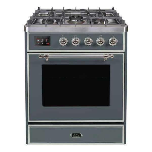 ILVE UM30DNE3BGCLP Majestic II 30 inch Dual Fuel Range with 5 Burners (Liquid Propane, Triple Glass Door, Blue Grey, Chrome)