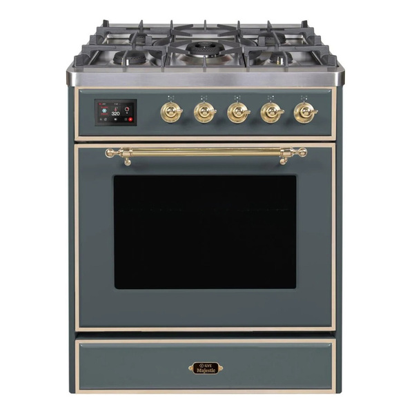 ILVE UM30DNE3BGGLP Majestic II 30 inch Dual Fuel Range with 5 Burners (Liquid Propane, Triple Glass Door, Blue Grey, Brass)