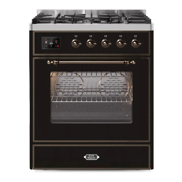 ILVE UM30DNE3BKB Majestic II 30 inch Dual Fuel Range with 5 Burners (Natural Gas, Triple Glass Door, Glossy Black, Burnished)