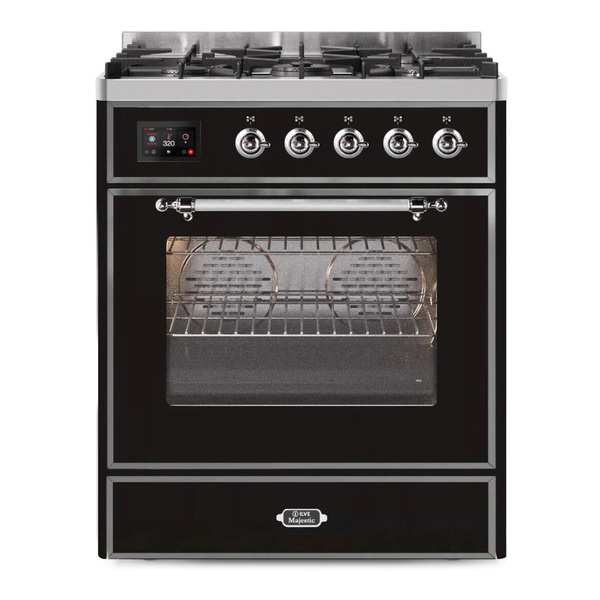 ILVE UM30DNE3BKCLP Majestic II 30 inch Dual Fuel Range with 5 Burners (Liquid Propane, Triple Glass Door, Glossy Black, Chrome)