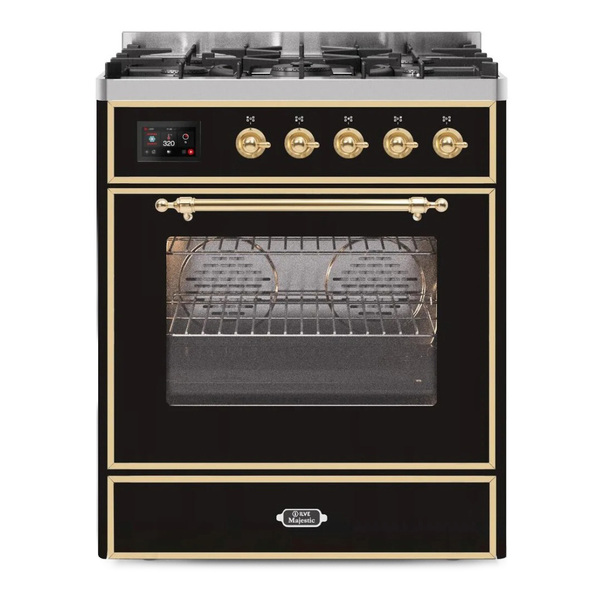 ILVE UM30DNE3BKGLP Majestic II 30 inch Dual Fuel Range with 5 Burners (Liquid Propane, Triple Glass Door, Glossy Black, Brass)