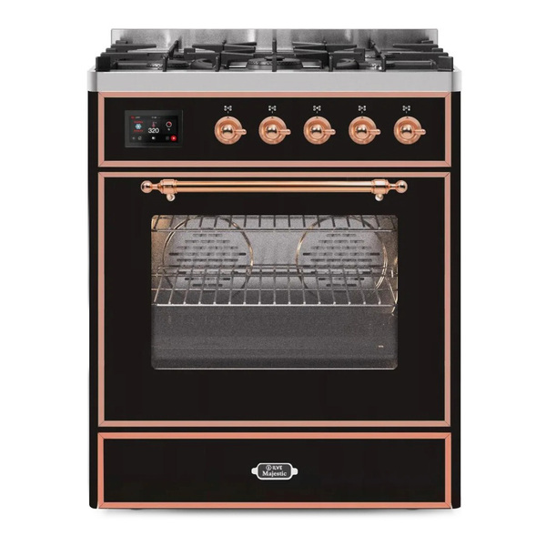 ILVE UM30DNE3BKPLP Majestic II 30 inch Dual Fuel Range with 5 Burners (Liquid Propane, Triple Glass Door, Glossy Black, Copper)