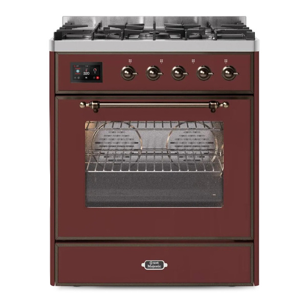 ILVE UM30DNE3BUBLP Majestic II 30 inch Dual Fuel Range with 5 Burners (Liquid Propane, Triple Glass Door, Burgundy, Burnished)