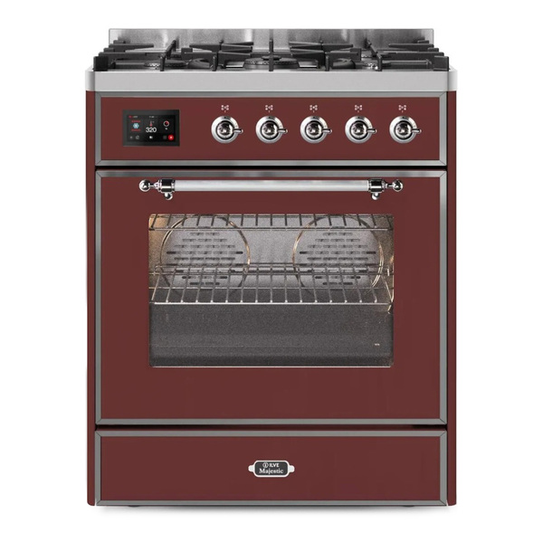 ILVE UM30DNE3BUCLP Majestic II 30 inch Dual Fuel Range with 5 Burners (Liquid Propane, Triple Glass Door, Burgundy, Chrome)