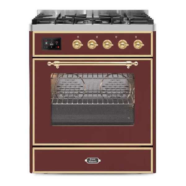 ILVE UM30DNE3BUGLP Majestic II 30 inch Dual Fuel Range with 5 Burners (Liquid Propane, Triple Glass Door, Burgundy, Brass)