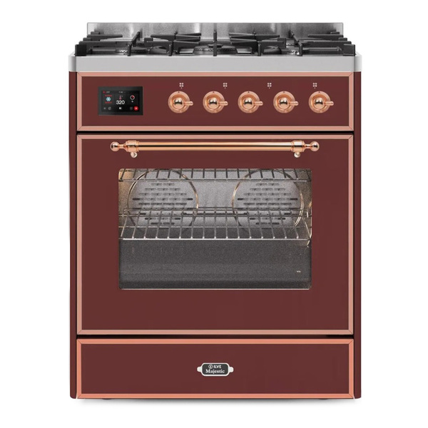ILVE UM30DNE3BUPLP Majestic II 30 inch Dual Fuel Range with 5 Burners (Liquid Propane, Triple Glass Door, Burgundy, Copper)