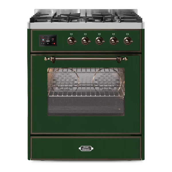 ILVE UM30DNE3EGBLP Majestic II 30 inch Dual Fuel Range with 5 Burners (Liquid Propane, Triple Glass Door, Emerald Green, Burnished)