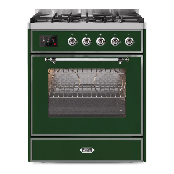 ILVE UM30DNE3EGCLP Majestic II 30 inch Dual Fuel Range with 5 Burners (Liquid Propane, Triple Glass Door, Emerald Green, Chrome)