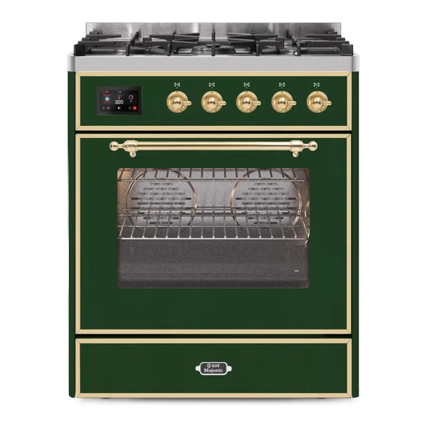 ILVE UM30DNE3EGGLP Majestic II 30 inch Dual Fuel Range with 5 Burners (Liquid Propane, Triple Glass Door, Emerald Green, Brass)