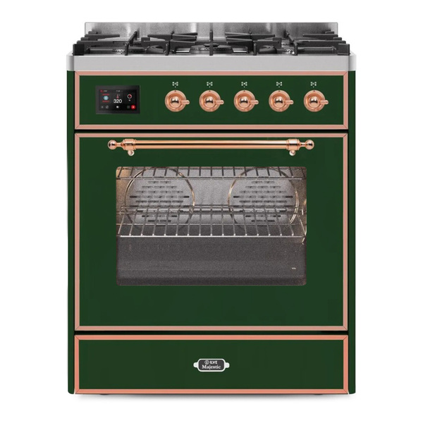 ILVE UM30DNE3EGP Majestic II 30 inch Dual Fuel Range with 5 Burners (Natural Gas, Triple Glass Door, Emerald Green, Copper)