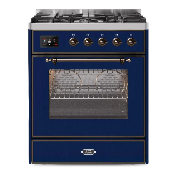 ILVE UM30DNE3MBB Majestic II 30 inch Dual Fuel Range with 5 Burners (Natural Gas, Triple Glass Door, Midnight Blue, Burnished)