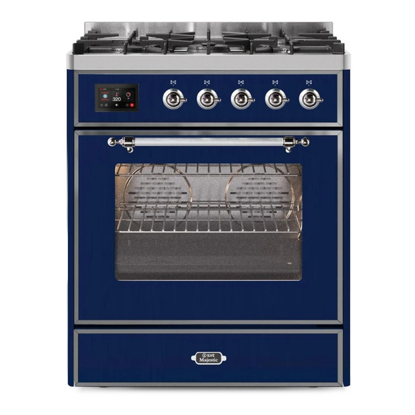 ILVE UM30DNE3MBCLP Majestic II 30 inch Dual Fuel Range with 5 Burners (Liquid Propane, Triple Glass Door, Midnight Blue, Chrome)
