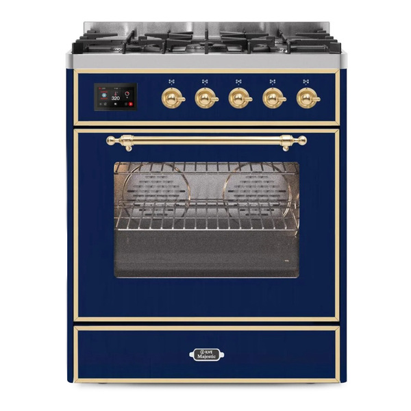 ILVE UM30DNE3MBGLP Majestic II 30 inch Dual Fuel Range with 5 Burners (Liquid Propane, Triple Glass Door, Midnight Blue, Brass)