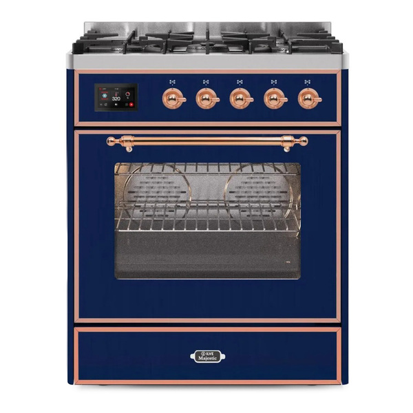 ILVE UM30DNE3MBPLP Majestic II 30 inch Dual Fuel Range with 5 Burners (Liquid Propane, Triple Glass Door, Midnight Blue, Copper)