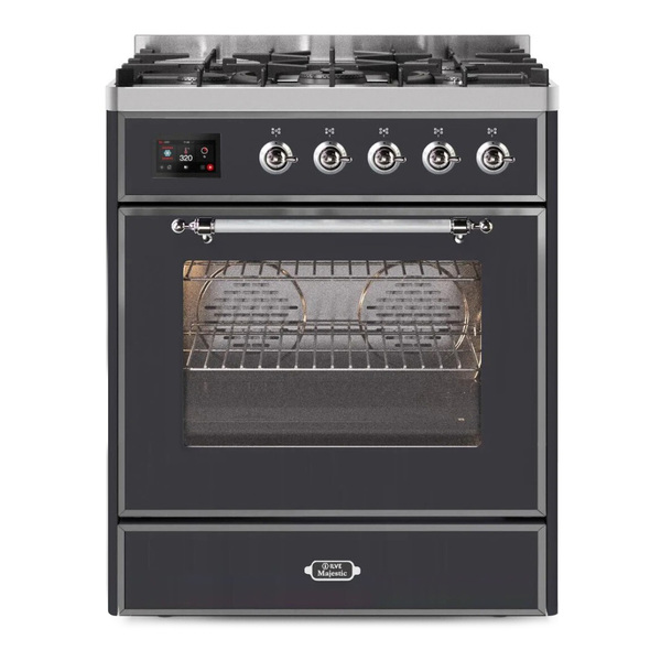 ILVE UM30DNE3MGC Majestic II 30 inch Dual Fuel Range with 5 Burners (Natural Gas, Triple Glass Door, Graphite Matte, Chrome)