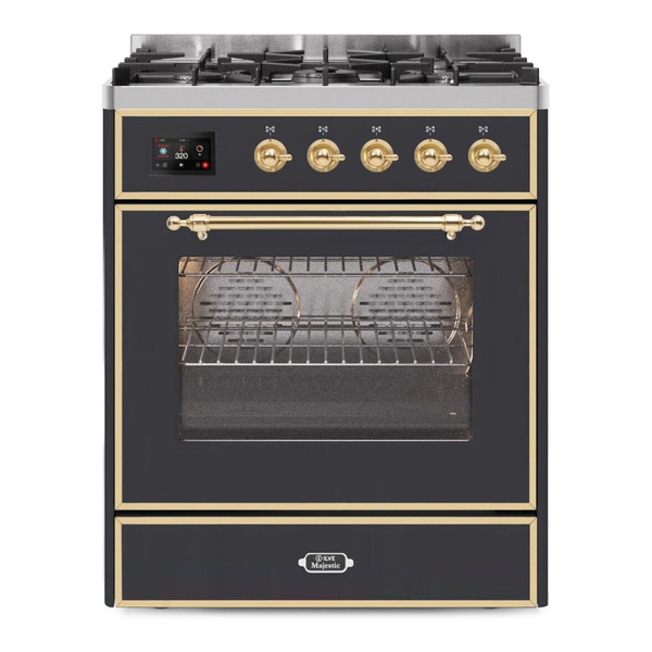 ILVE UM30DNE3MGGLP Majestic II 30 inch Dual Fuel Range with 5 Burners (Liquid Propane, Triple Glass Door, Graphite Matte, Brass)