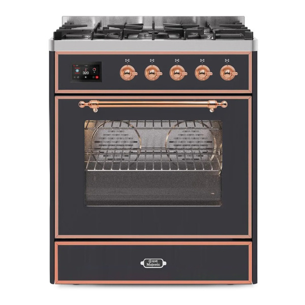 ILVE UM30DNE3MGPLP Majestic II 30 inch Dual Fuel Range with 5 Burners (Liquid Propane, Triple Glass Door, Graphite Matte, Copper)