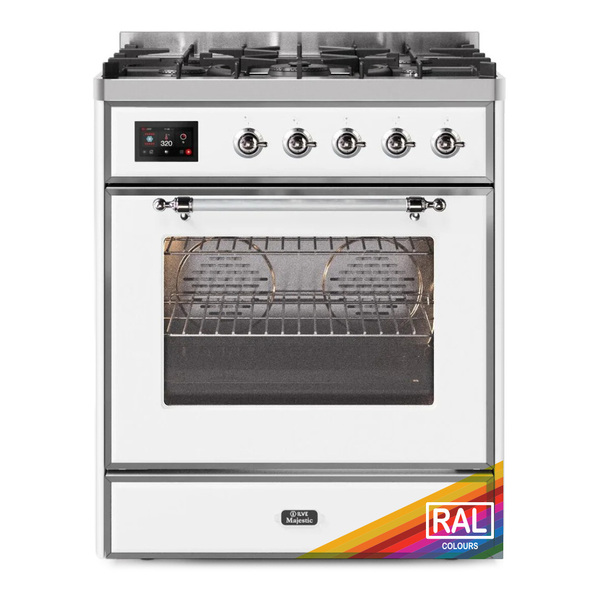 ILVE UM30DNE3RAC Majestic II 30 inch Dual Fuel Range with 5 Burners (Natural Gas, Triple Glass Door, RAL, Chrome)