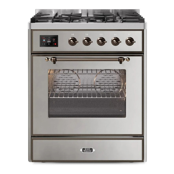 ILVE UM30DNE3SSBLP Majestic II 30 inch Dual Fuel Range with 5 Burners (Liquid Propane, Triple Glass Door, Stainless Steel, Burnished)