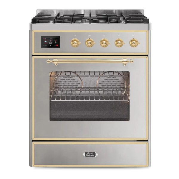 ILVE UM30DNE3SSG Majestic II 30 inch Dual Fuel Range with 5 Burners (Natural Gas, Triple Glass Door, Stainless Steel, Brass)