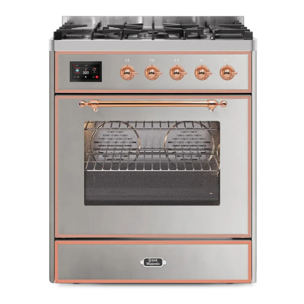ILVE UM30DNE3SSP Majestic II 30 inch Dual Fuel Range with 5 Burners (Natural Gas, Triple Glass Door, Stainless Steel, Copper)