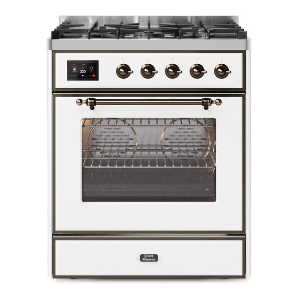 ILVE UM30DNE3WHBLP Majestic II 30 inch Dual Fuel Range with 5 Burners (Liquid Propane, Triple Glass Door, White, Burnished)