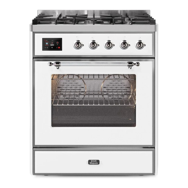 ILVE UM30DNE3WHCLP Majestic II 30 inch Dual Fuel Range with 5 Burners (Liquid Propane, Triple Glass Door, White, Chrome)