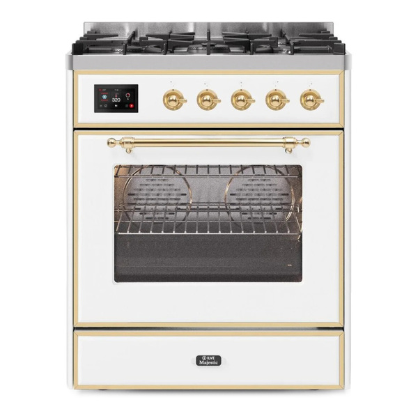ILVE UM30DNE3WHG Majestic II 30 inch Dual Fuel Range with 5 Burners (Natural Gas, Triple Glass Door, White, Brass)
